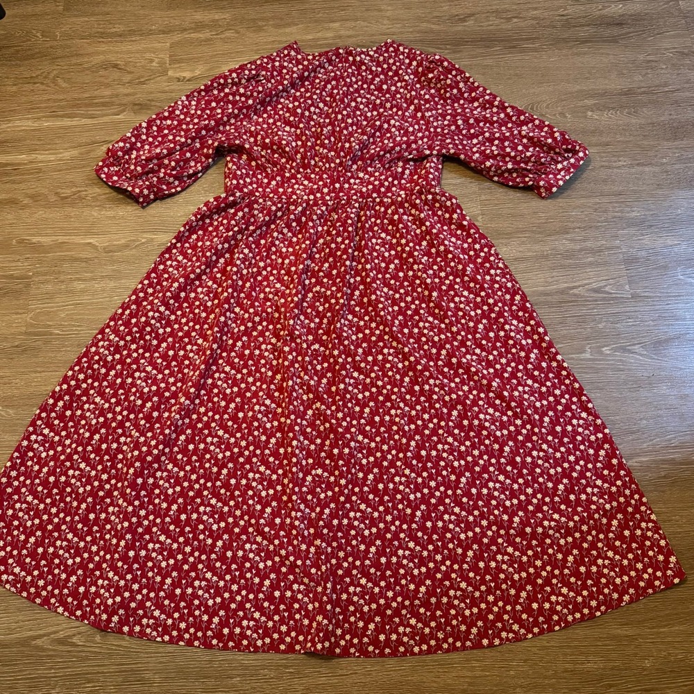Shein Floral Midi Dress Womens 2XL Red Puff Sleeve V Neck Casual - Picture 4 of 13